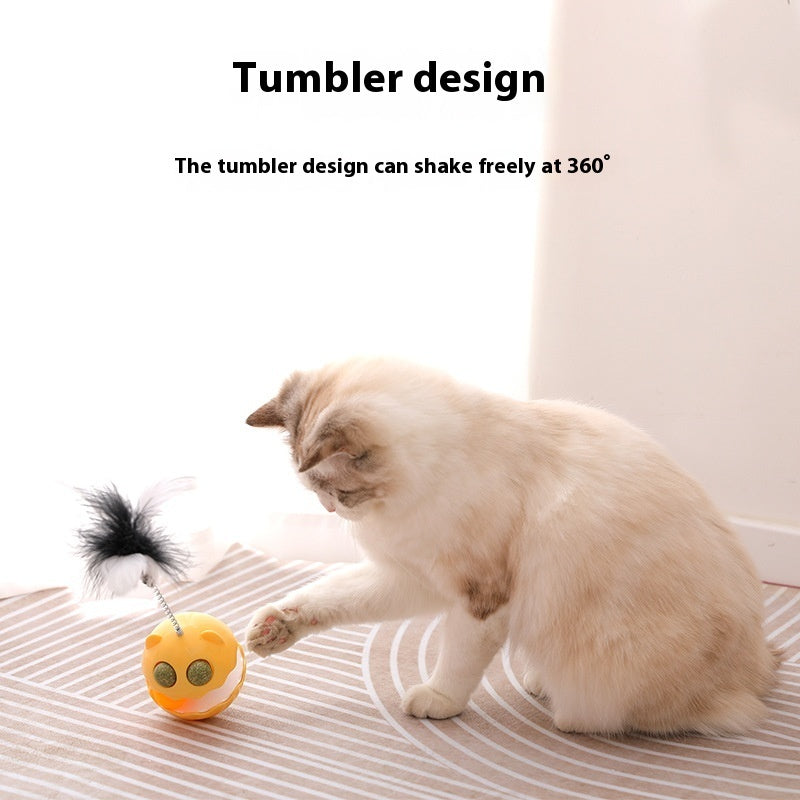 Cat playing with a rotating feather cat toy with tumbler design and 360-degree shaking interactive features.