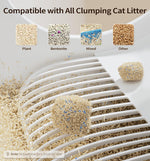Load image into Gallery viewer, Close-up of a smart automatic cat litter box showing compatibility with plant, bentonite, mixed, and other clumping cat litter types.
