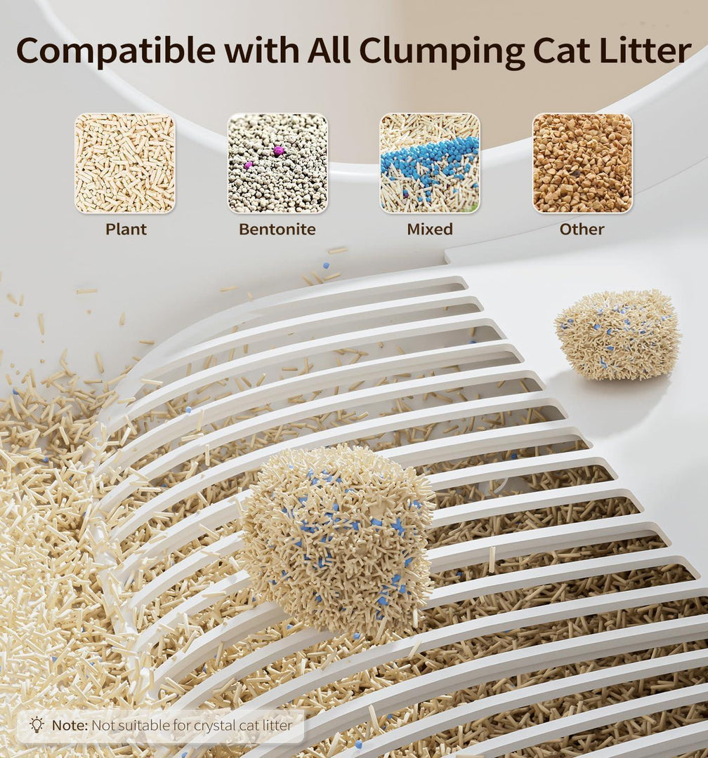 Close-up of a smart automatic cat litter box showing compatibility with plant, bentonite, mixed, and other clumping cat litter types.