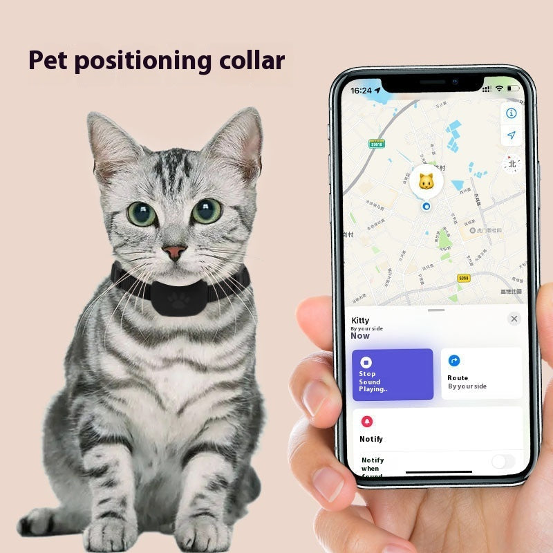 Gray tabby cat wearing a waterproof GPS pet tracker collar with a smartphone displaying the pet’s location on a map.