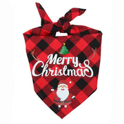 Red and black plaid triangular pet bandana with Merry Christmas text and Santa Claus design for holiday celebrations