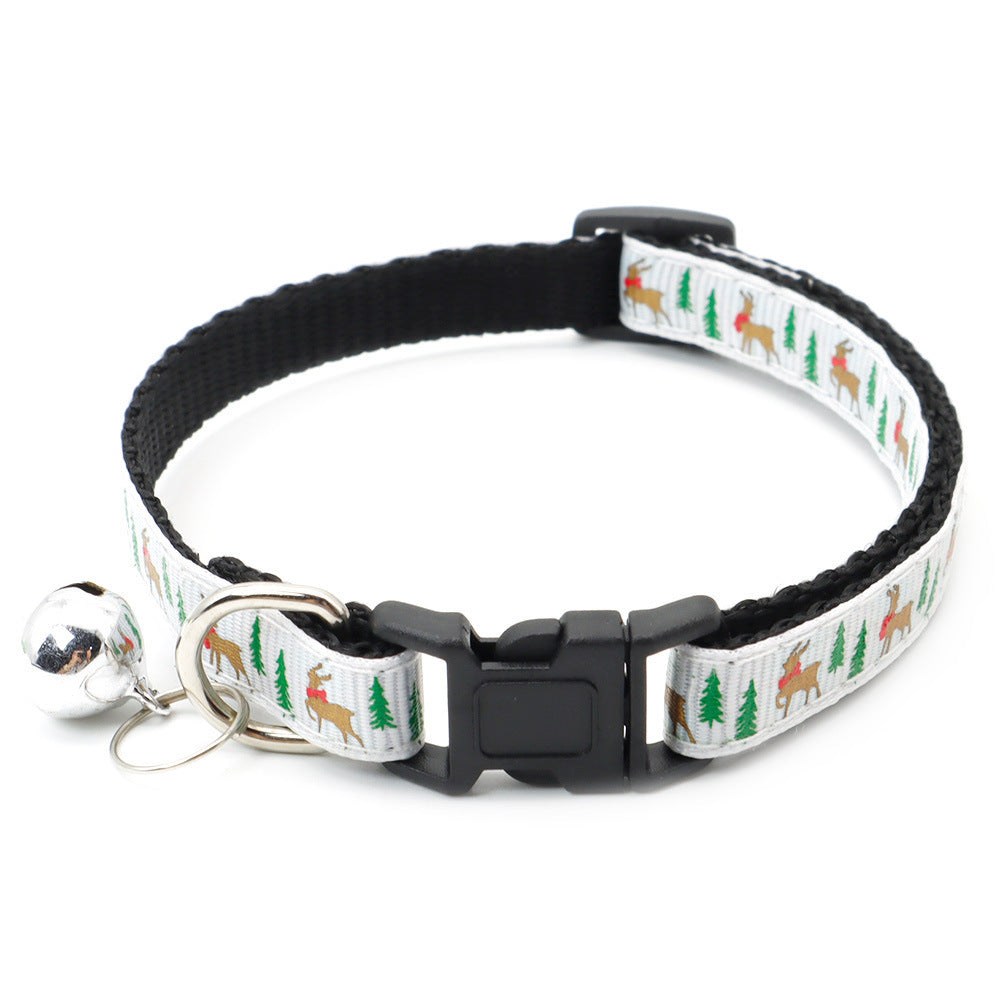 Black pet collar with Christmas tree and reindeer design and silver bell holiday decoration accessory