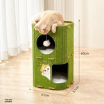 Load image into Gallery viewer, Green double-layer felt cat scratch nest with climbing frame and hanging toy, sized 37x37x60 cm with cat inside top layer
