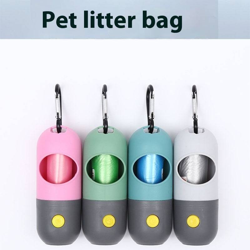 Set of four LED light pet waste bag dispensers with carabiner clips in pink, green, blue, and gray colors for dogs and cats.