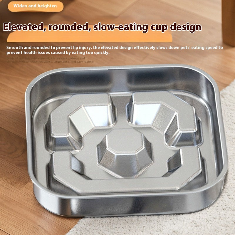 Pet Square stainless steel slow feeding bowl with elevated, rounded design for non-slip, healthy eating by dogs and cats.
