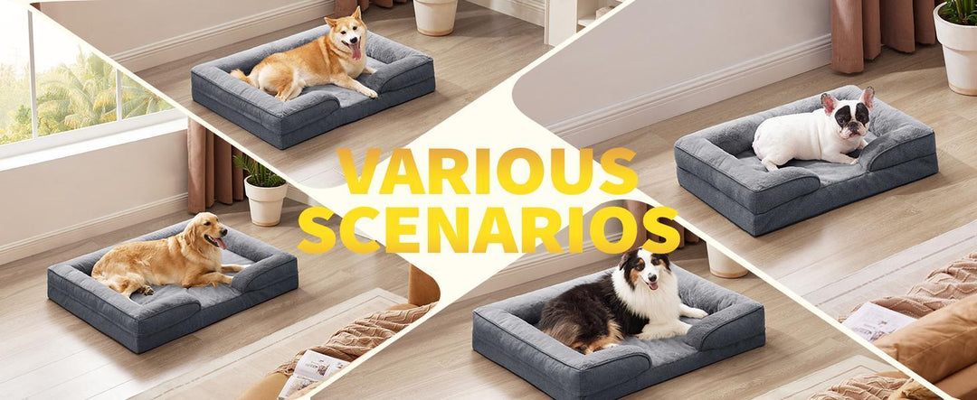 Large orthopedic dog sofa bed with washable egg crate foam mattress and waterproof liner shown in multiple home settings with dogs.