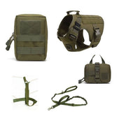 Olive green tactical K9 dog harness with adjustable straps, heavy-duty pouch, and matching leash set for working dogs.