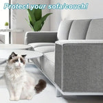 Load image into Gallery viewer, Fluffy cat next to a grey sofa with a DIY self-adhesive cat scratcher protector on the armrest.
