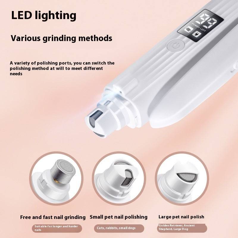Electric pet nail grinder with LED light and three interchangeable polishing heads for dogs and cats nails.