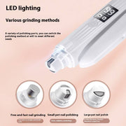 Electric pet nail grinder with LED light and three interchangeable polishing heads for dogs and cats nails.