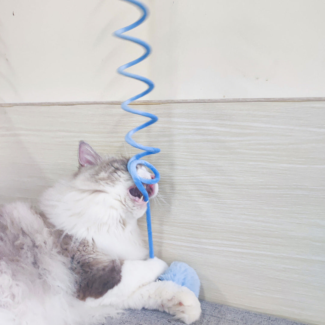 Fluffy cat playing with blue interactive spring suction cat toy featuring rabbit fur ball teaser for exercise and fun.