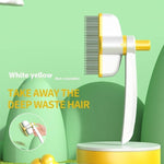 Load image into Gallery viewer, White and yellow self-cleaning pet grooming comb for removing fleas, tangles, shedding, and deep waste hair from cats and dogs
