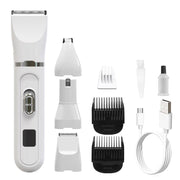 White multifunctional 4-in-1 electric hair clipper kit with LCD display, USB charging cable, and grooming attachments for men