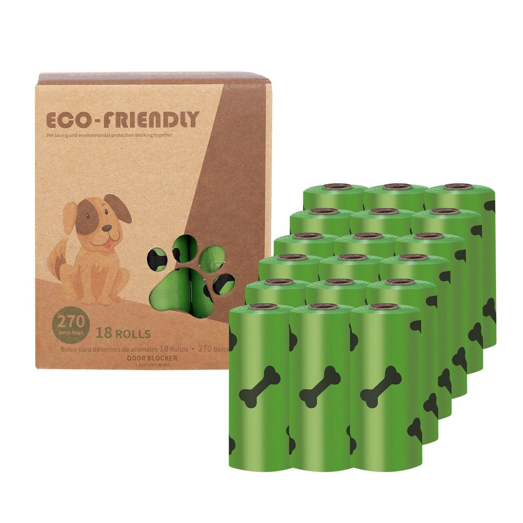 Eco-friendly green poop bags with black bone prints, 18 rolls for hassle-free dog waste cleanup on the go.