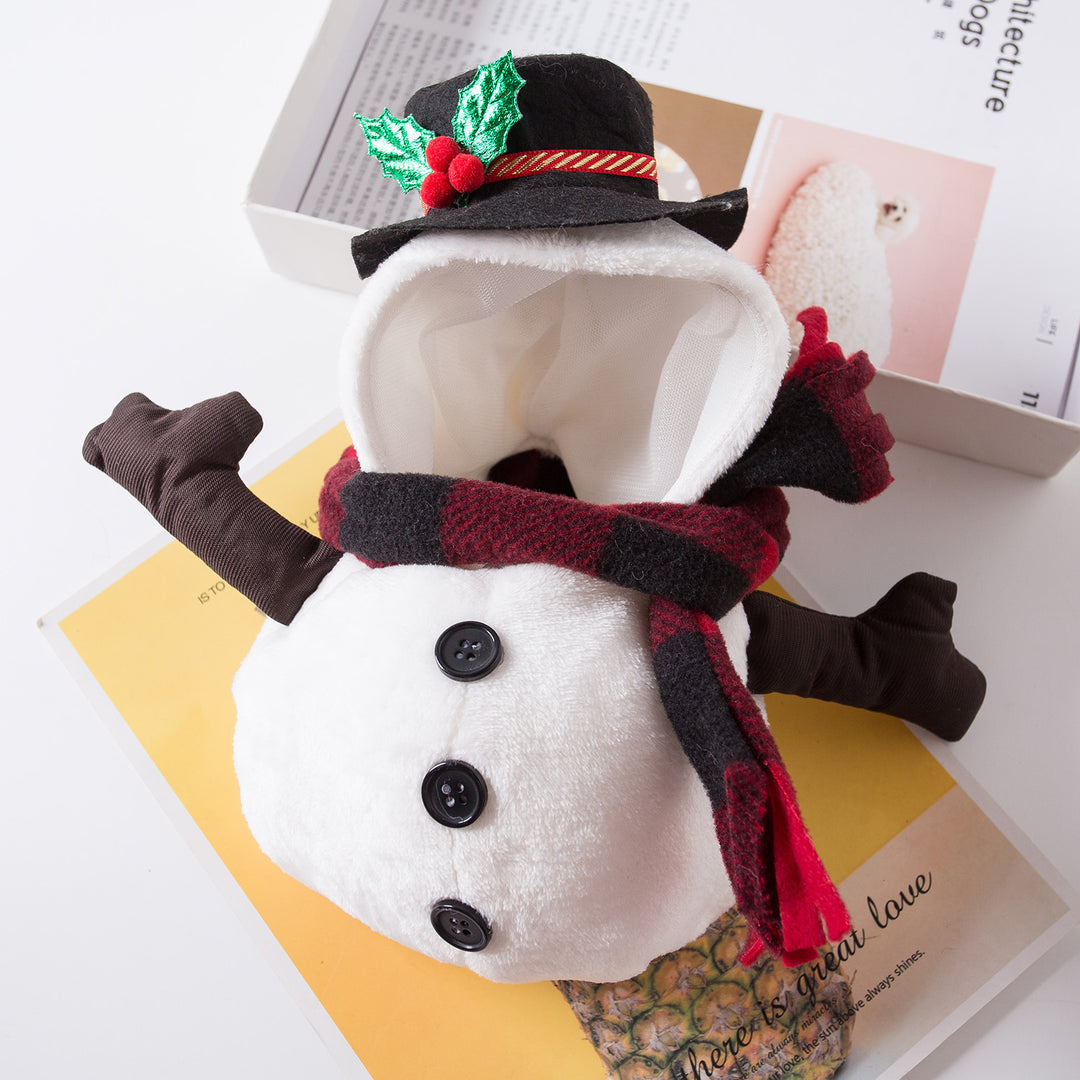 Christmas snowman pet costume with hat, scarf, and buttons, designed for small dogs and cats holiday dress up.