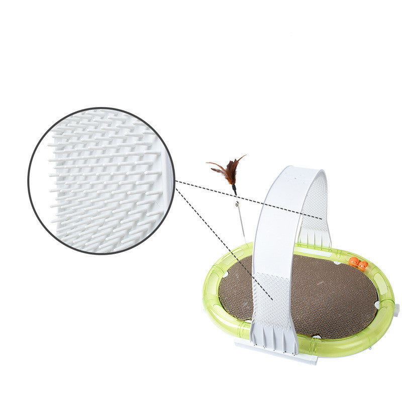 4-in-1 pet toy with scratcher, teaser feather, feeder, and play center for cats and small pets