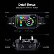 Smart anti-bark dog collar with color screen, vibration, beep, e-shock, sensitivity display, and easy one-button control.