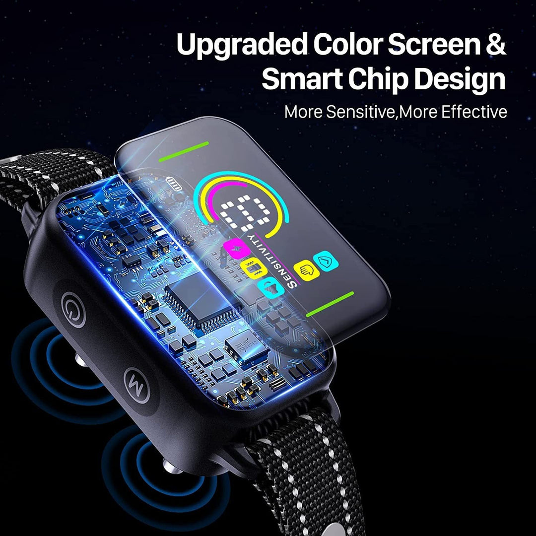 Smart anti-bark dog collar with upgraded color screen and advanced smart chip for effective bark control.