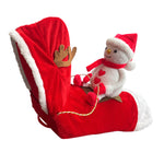 Load image into Gallery viewer, Red plush Santa boot with white fur trim and a stuffed snowman wearing a Santa hat and scarf inside

