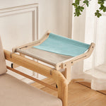 Load image into Gallery viewer, Space-saving cat hanging bed with blue and gray fabric, designed for window, balcony, or bedside use as a cozy cat perch.
