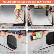 Quilted waterproof dog car seat cover with mesh pet barrier, storage pockets, fits backseat and protects doors up to 300 pounds.