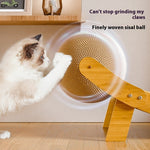 Load image into Gallery viewer, Cat scratching a finely woven sisal ball on wooden recliner cat scratcher toy lounger and claw board
