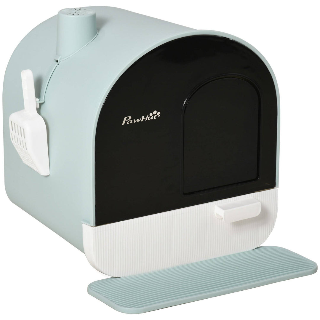Enclosed cat litter box with lid, side scoop, tray, and splash-proof design for easy cleaning and odor control