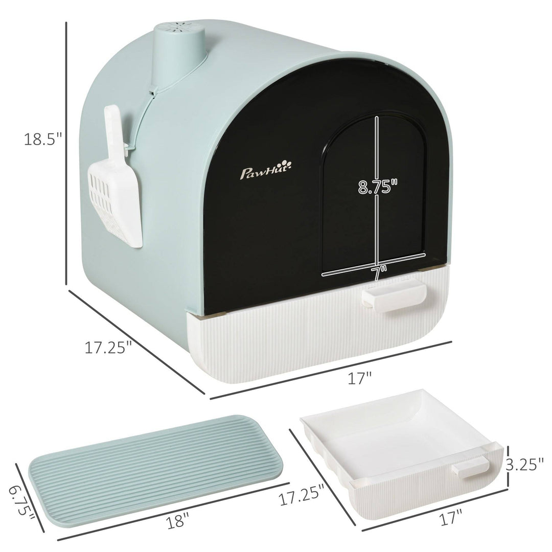 Enclosed cat litter box with lid, scoop, tray, splash-proof design, and easy-to-clean removable parts with dimensions shown