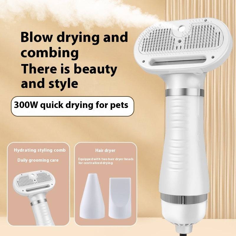 Pet air dryer with hot spray and comb attachment for quick, quiet drying and grooming of dogs and cats at 300W power.