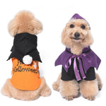Load image into Gallery viewer, Two small dogs wearing Halloween-themed cotton sweaters with hoods for pets in orange and purple colors
