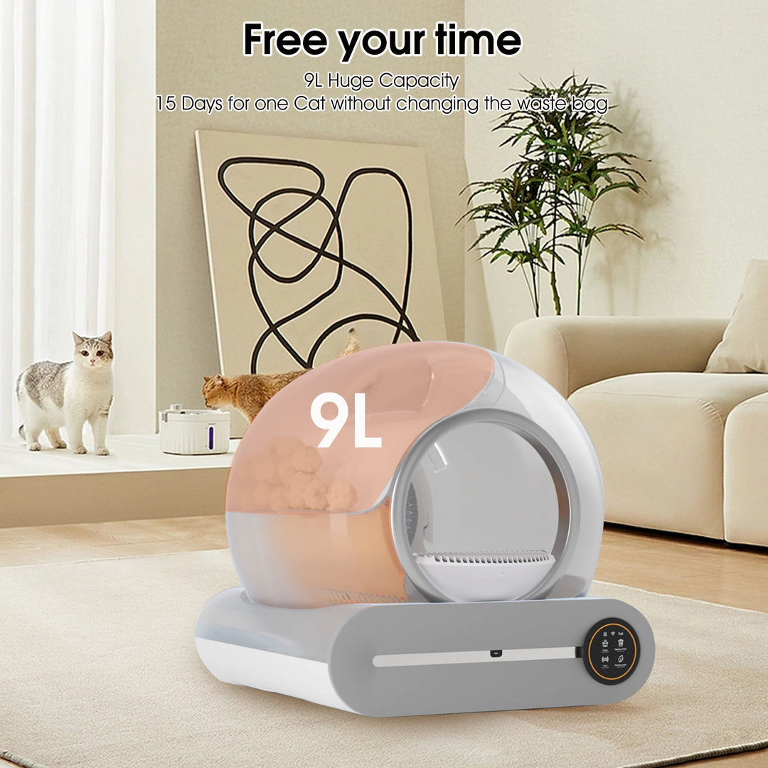 Smart self-cleaning cat litter box with 9L capacity and app control for hassle-free pet care at home