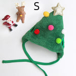 Load image into Gallery viewer, Small green plush pet Christmas hat shaped like a decorated tree with colorful pom-poms and a gold star topper
