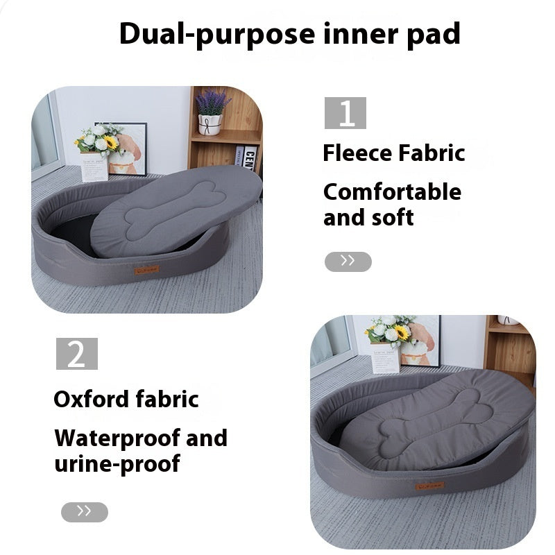 Gray four seasons pet bed with dual-purpose inner pad, fleece and waterproof oxford fabric, suitable for dogs and cats.