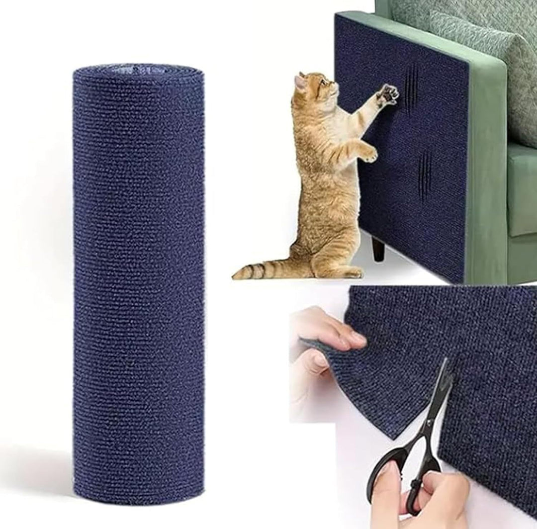 Blue DIY self-adhesive cat scratcher pad being cut and applied to a sofa to protect furniture from cat scratches