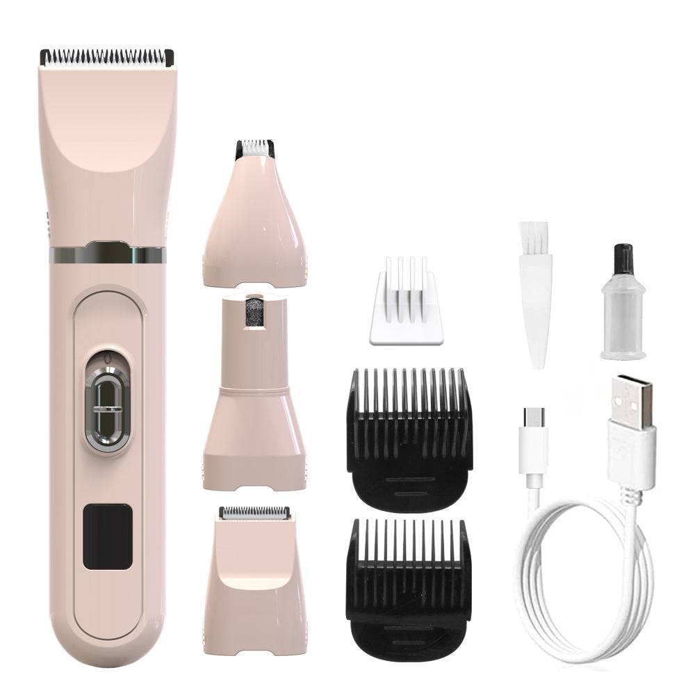 Multifunctional 4-in-1 electric hair clipper set with LCD display, USB charging cable, comb attachments, and cleaning tools for men.