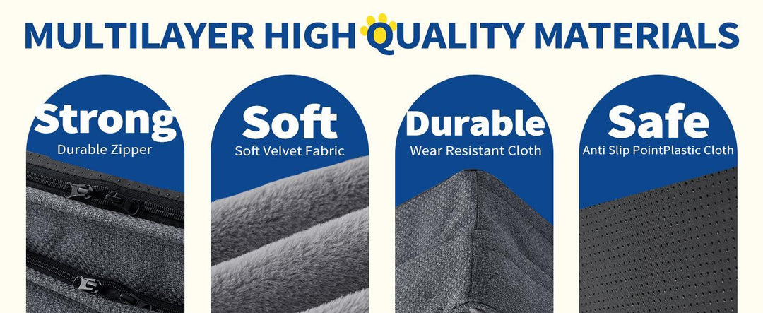 Close-up of large orthopedic dog sofa bed materials showing durable zipper, soft velvet fabric, wear-resistant cloth, and anti-slip plastic cloth