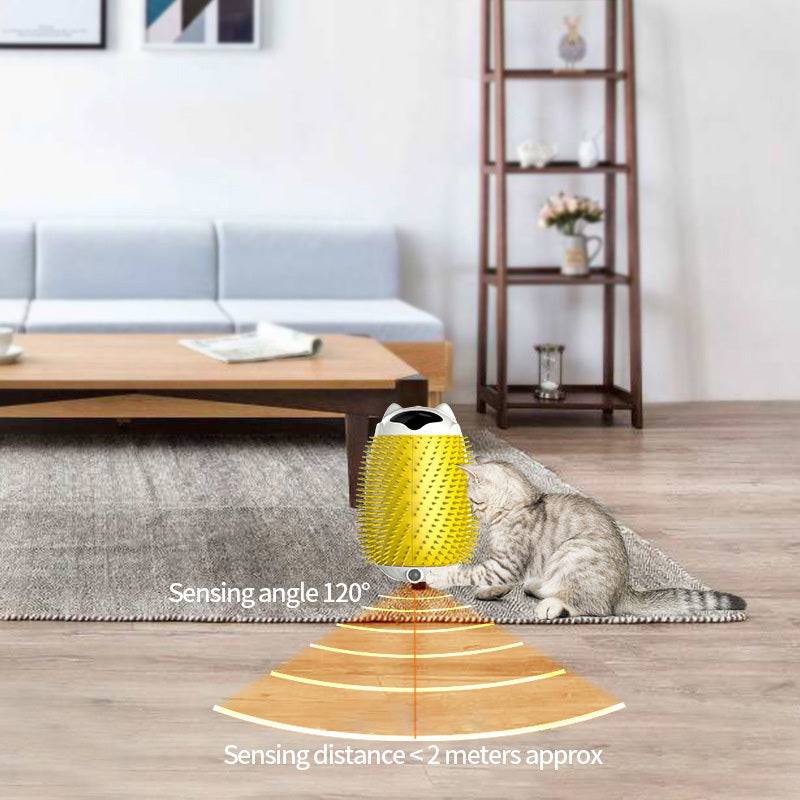Automatic smart cat massager and pet hair brush with 120-degree sensor detecting cats within 2 meters in a living room setting