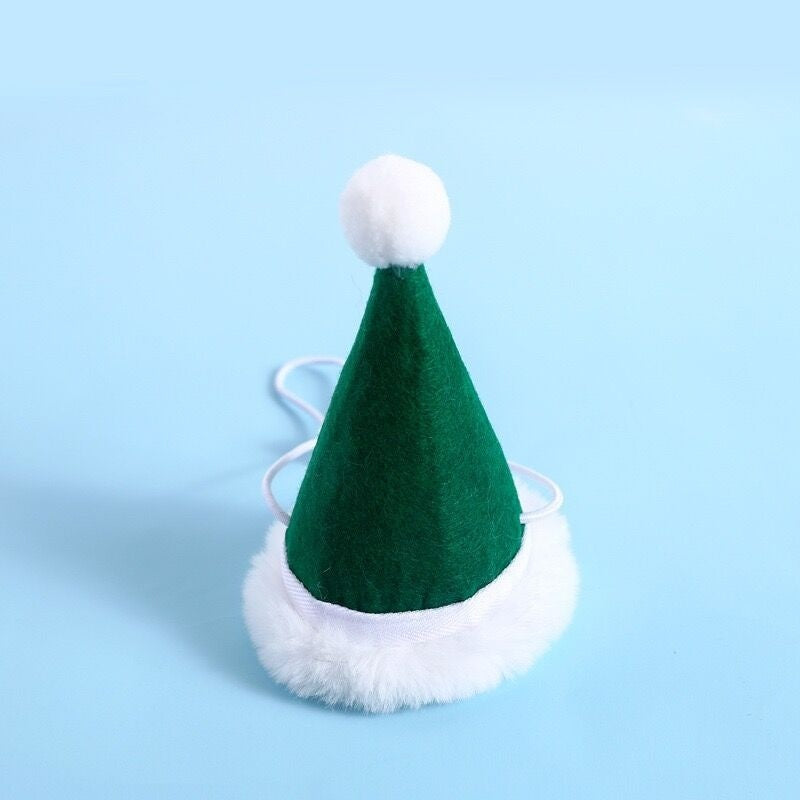 Green Santa Claus hat with white trim and pompom, festive winter accessory for small and medium pets.