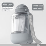 Load image into Gallery viewer, Portable gray 2-in-1 dog water bottle with integrated food container and detachable feeding cup, 1000ml capacity.
