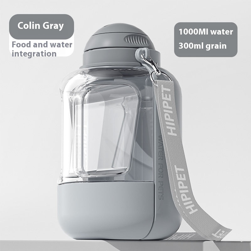 Portable gray 2-in-1 dog water bottle with integrated food container and detachable feeding cup, 1000ml capacity.