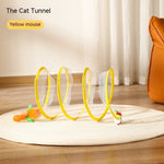 Load image into Gallery viewer, Folded S type collapsible cat tunnel with yellow frame, mouse and feather toys on a round rug indoors
