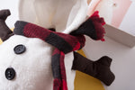 Load image into Gallery viewer, Close-up of a white snowman pet costume with black buttons and a red and black plaid scarf for small dogs and cats
