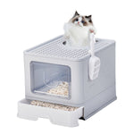 Load image into Gallery viewer, Grey enclosed cat litter box with slide-out tray and top-exit design, featuring a cat peek and attached scoop holder.
