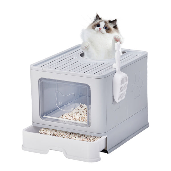 Grey enclosed cat litter box with slide-out tray and top-exit design, featuring a cat peek and attached scoop holder.