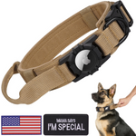 Load image into Gallery viewer, Tan dog collar with protective Airtag holder shown with patches and German Shepherd wearing collar
