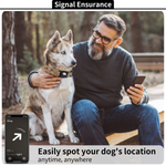 Load image into Gallery viewer, Man sitting outdoors with dog wearing Airtag collar, using phone to track dog&#39;s location securely and easily.
