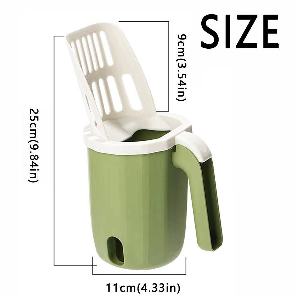 Size chart of green integrated cat litter scoop and bin showing dimensions of 25cm height and 11cm width for space-saving litter care.