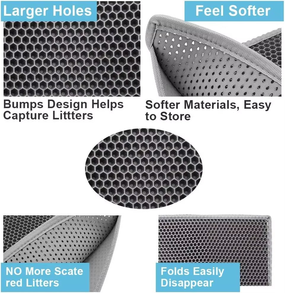 Hexagonal mesh material with text highlighting features like larger holes, softer materials, and ease of use.