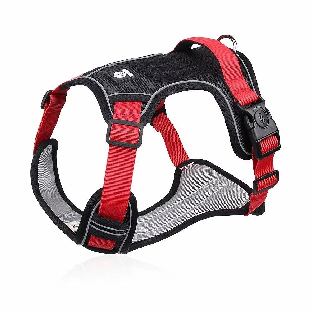 Adjustable army dog harness with reflective strips and red straps designed for large dogs.