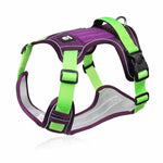 Load image into Gallery viewer, Adjustable purple and green reflective army dog harness vest designed for large dogs with durable straps and secure buckle closure.
